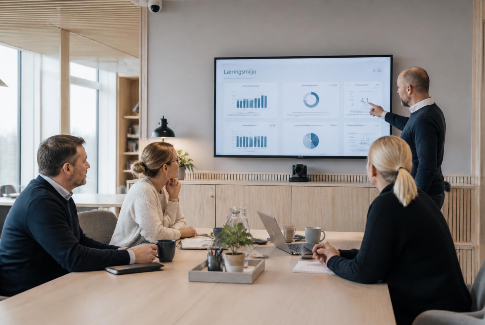 Ledelsesteam gennemgår nøgletal i institutionens kontor